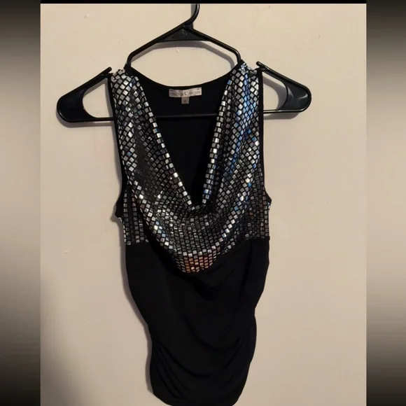 Moa Moa black and silver sleeveless disco blouse size XL preowned - Picture 1 of 5
